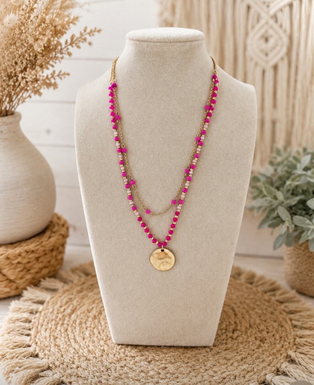 Pomina Fushia Beaded Gold Layered Necklace New